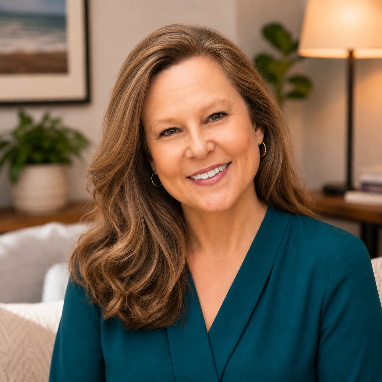 A smiling woman with long wavy brown hair wearing a teal blouse, sitting in a cozy, well-lit living room with plants and a table lamp in the background.