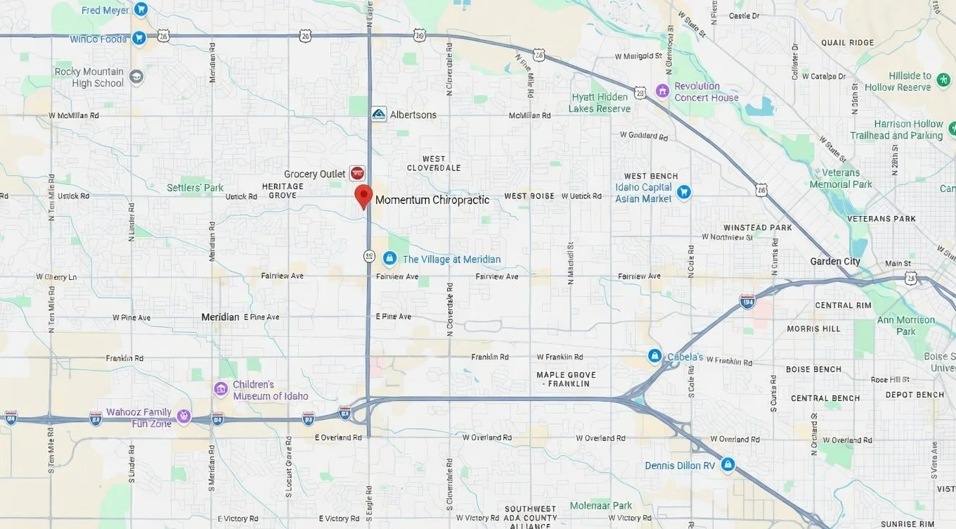 Map of a portion of Boise, Idaho, showing landmarks and streets including Momentum Chiropractic marked with a red location pin, along with other points of interest like Cabela's, Children's Museum of Idaho, and various parks.