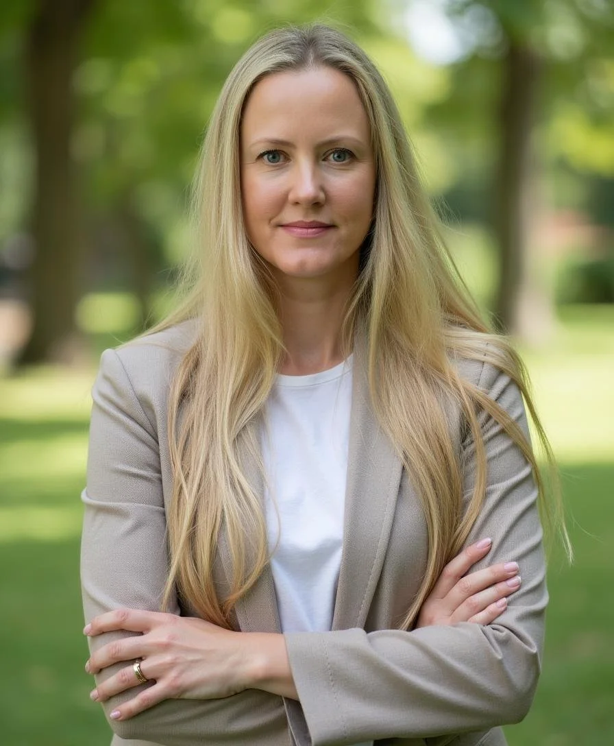 A woman with long blonde hair and blue eyes standing outdoors in a park with trees in the background, wearing a beige blazer over a white top, arms crossed, looking at the camera.