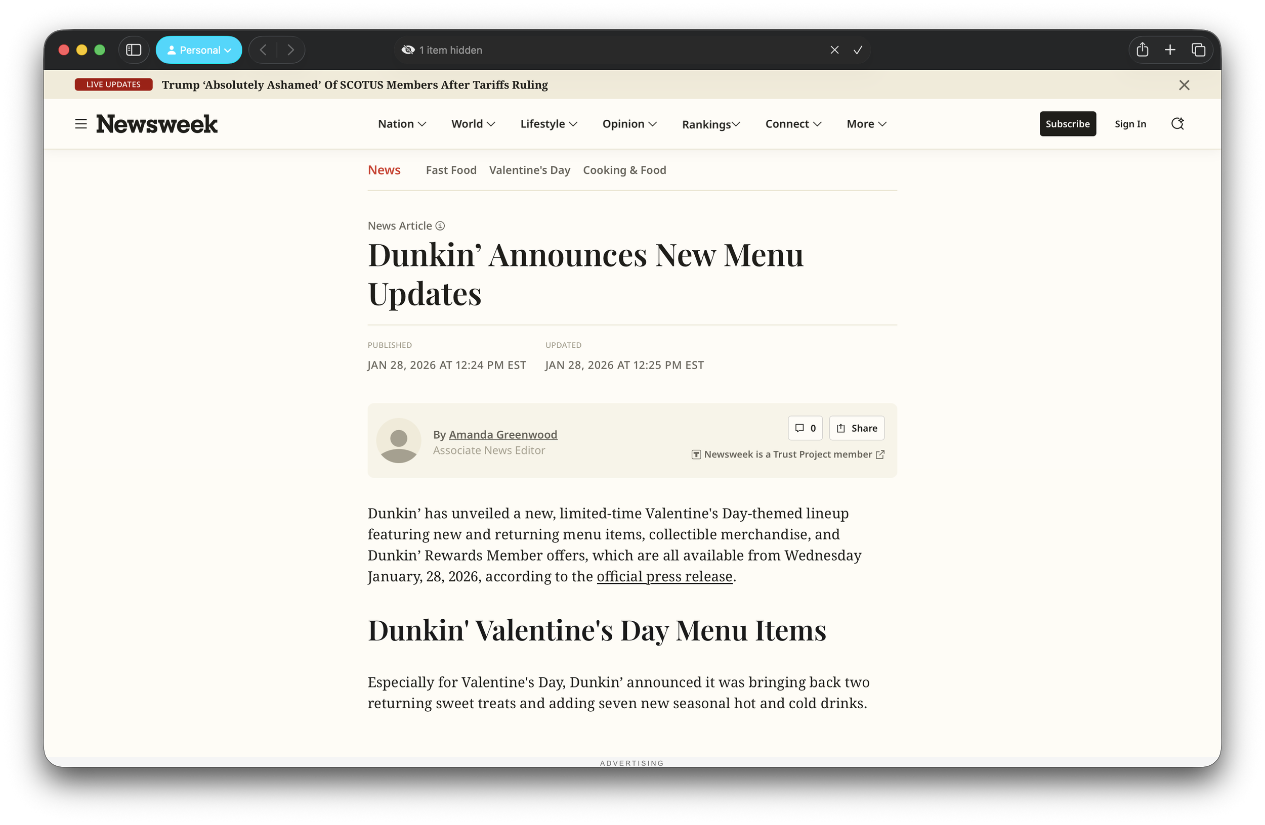 Newsweek Covers Dunkin’s 2026 Valentine’s Day Menu Supporting Kids