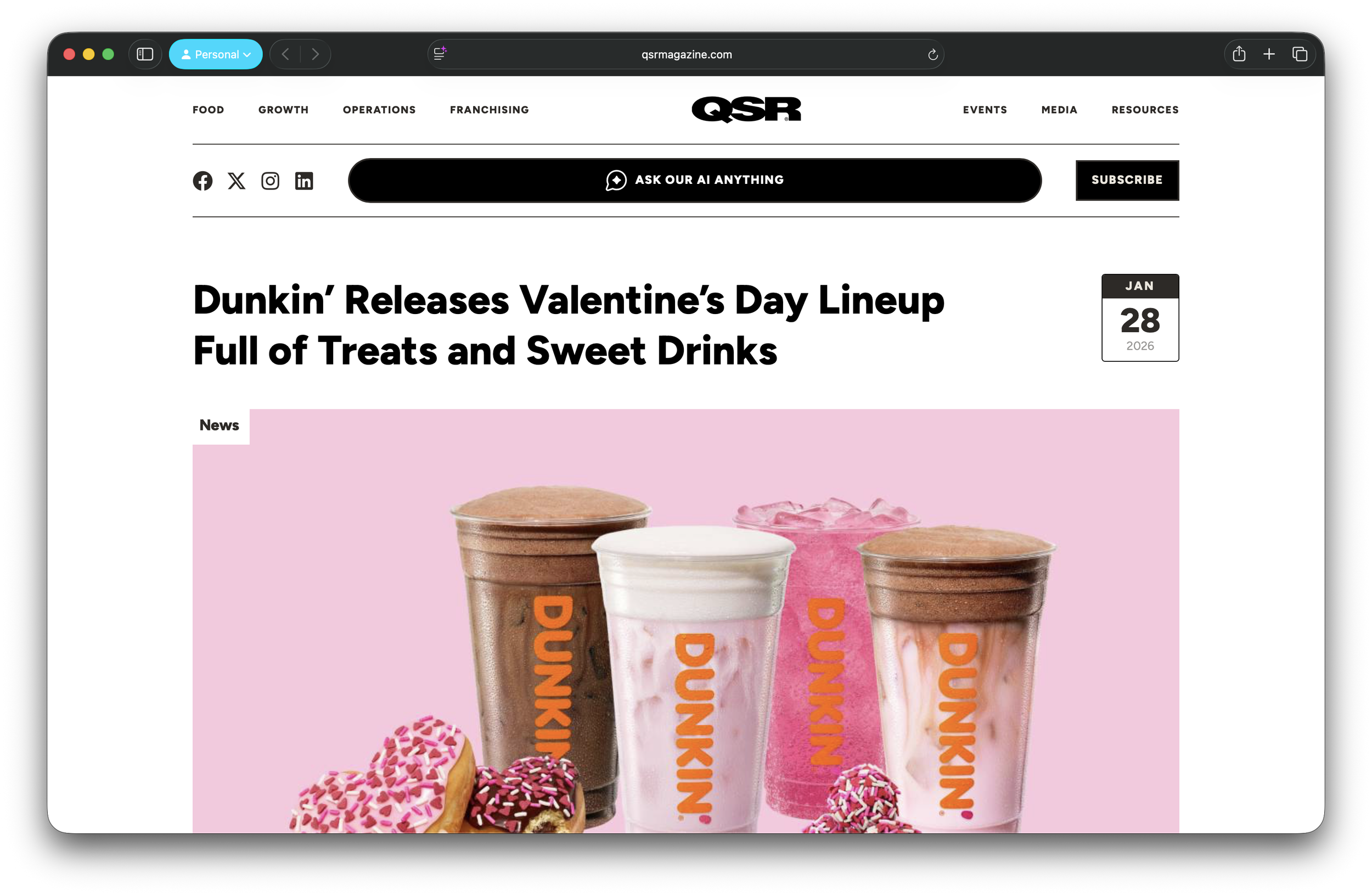QSR Highlights Dunkin’s 2026 Valentine’s Day Menu and $2 Donation