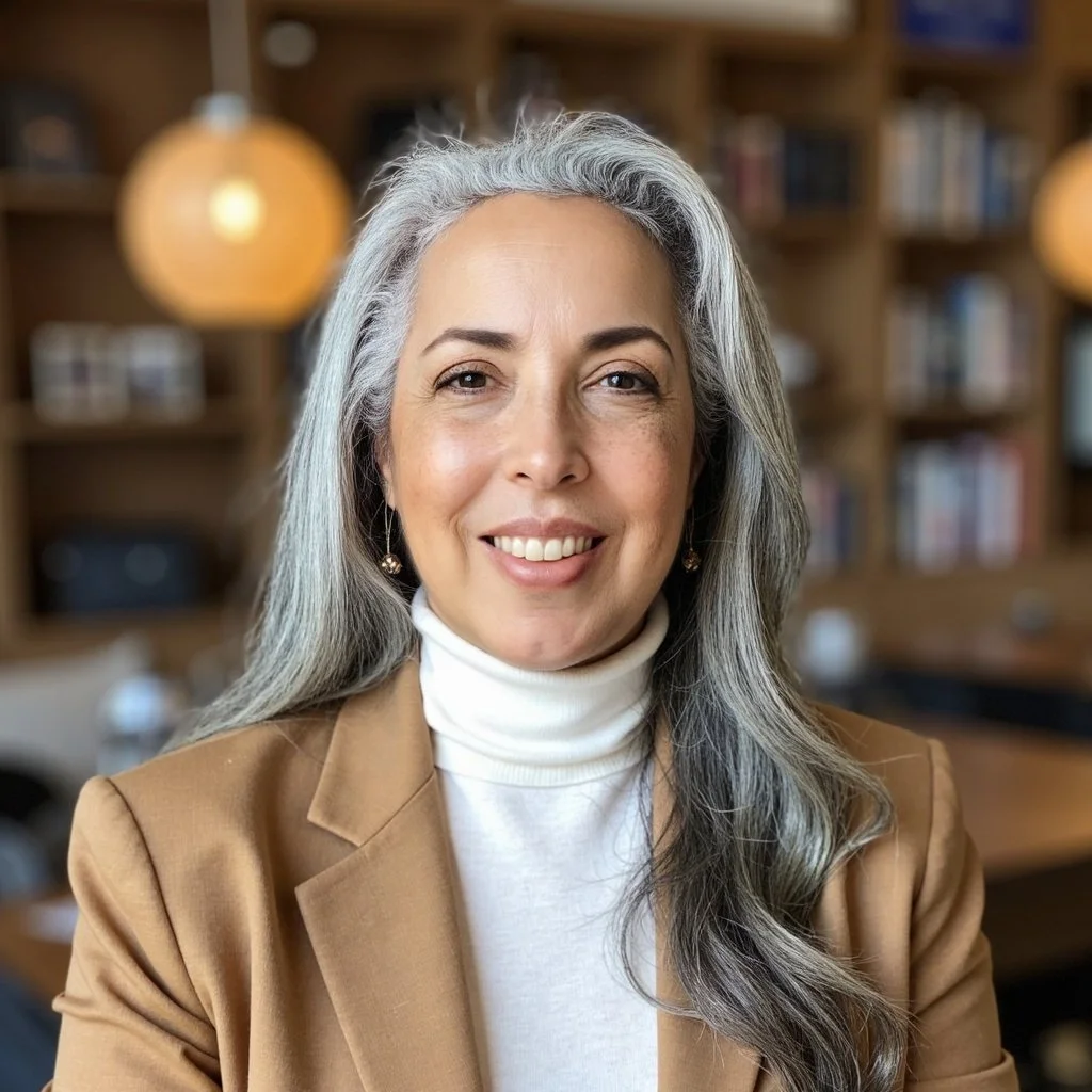 Dr. Lidice (Lee) Cohen wearing a white turtleneck and a camel blazer, sitting in a cozy, well-lit room with wooden shelves filled with books in the background.
