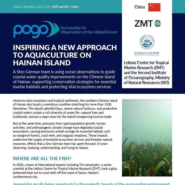 Case study for POGO on innovative aquaculture approaches in Hainan.