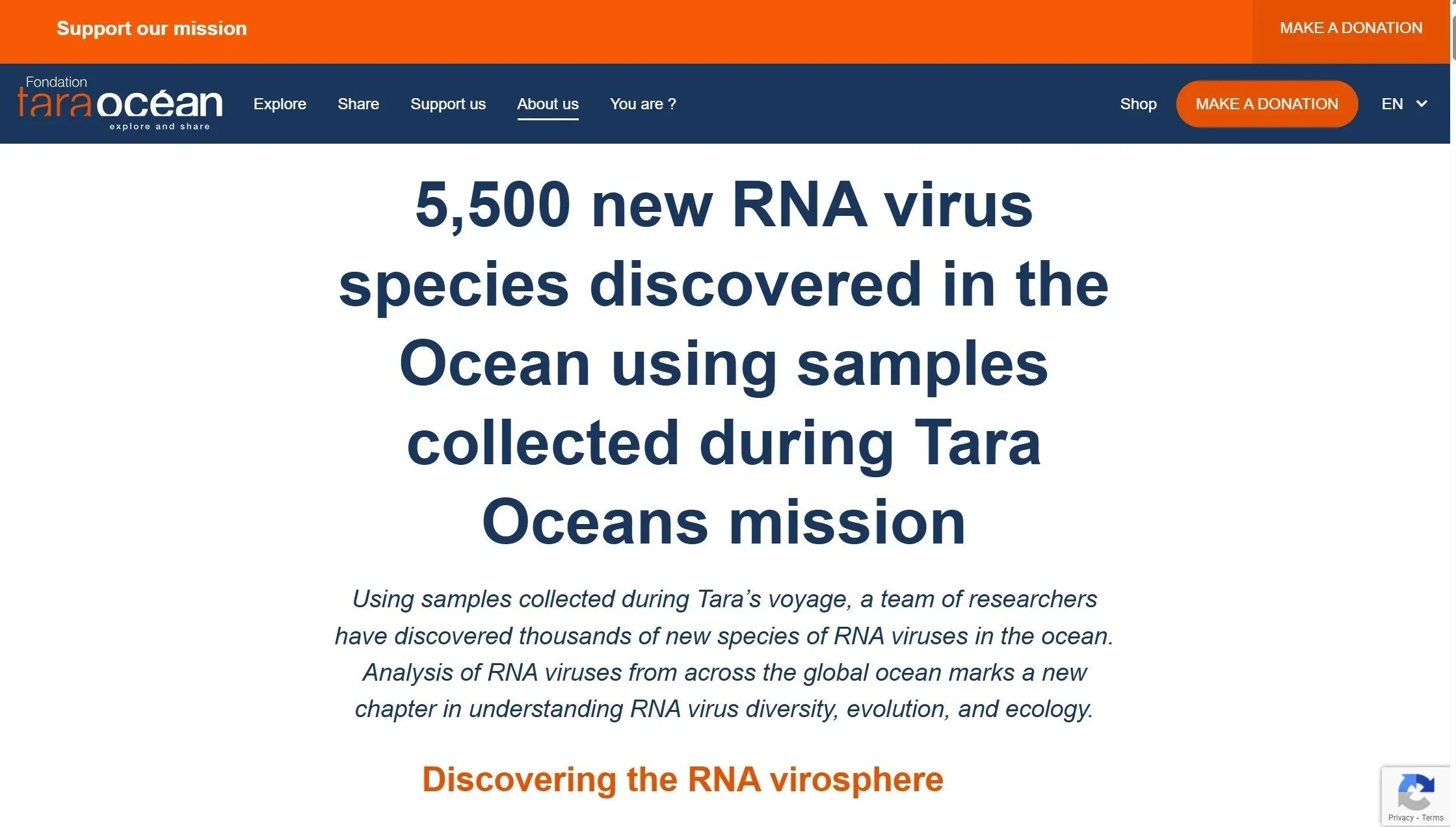 Feature on Tara Oceans research uncovering thousands of new RNA virus species in marine ecosystems.