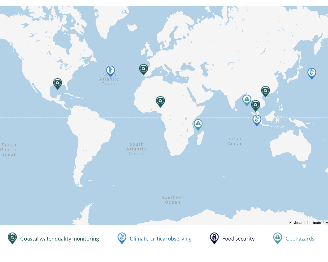 Interactive global case‑study map exploring ocean‑observation applications.