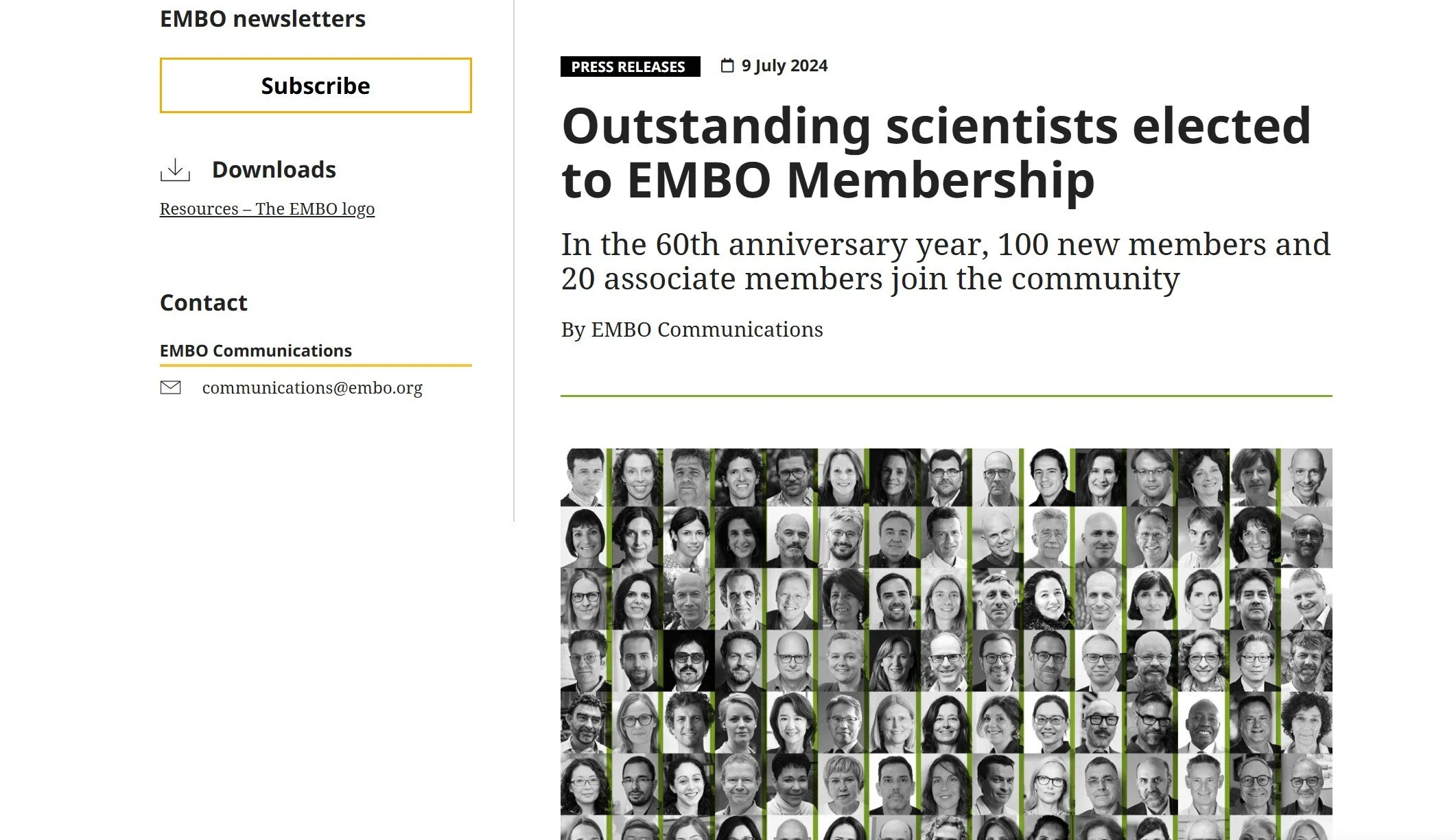 Press release for EMBO announcing newly elected members and recognising outstanding contributions to the life sciences.