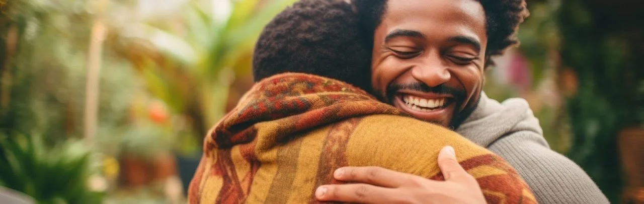 Two men hugging and smiling outdoors in a garden or park.