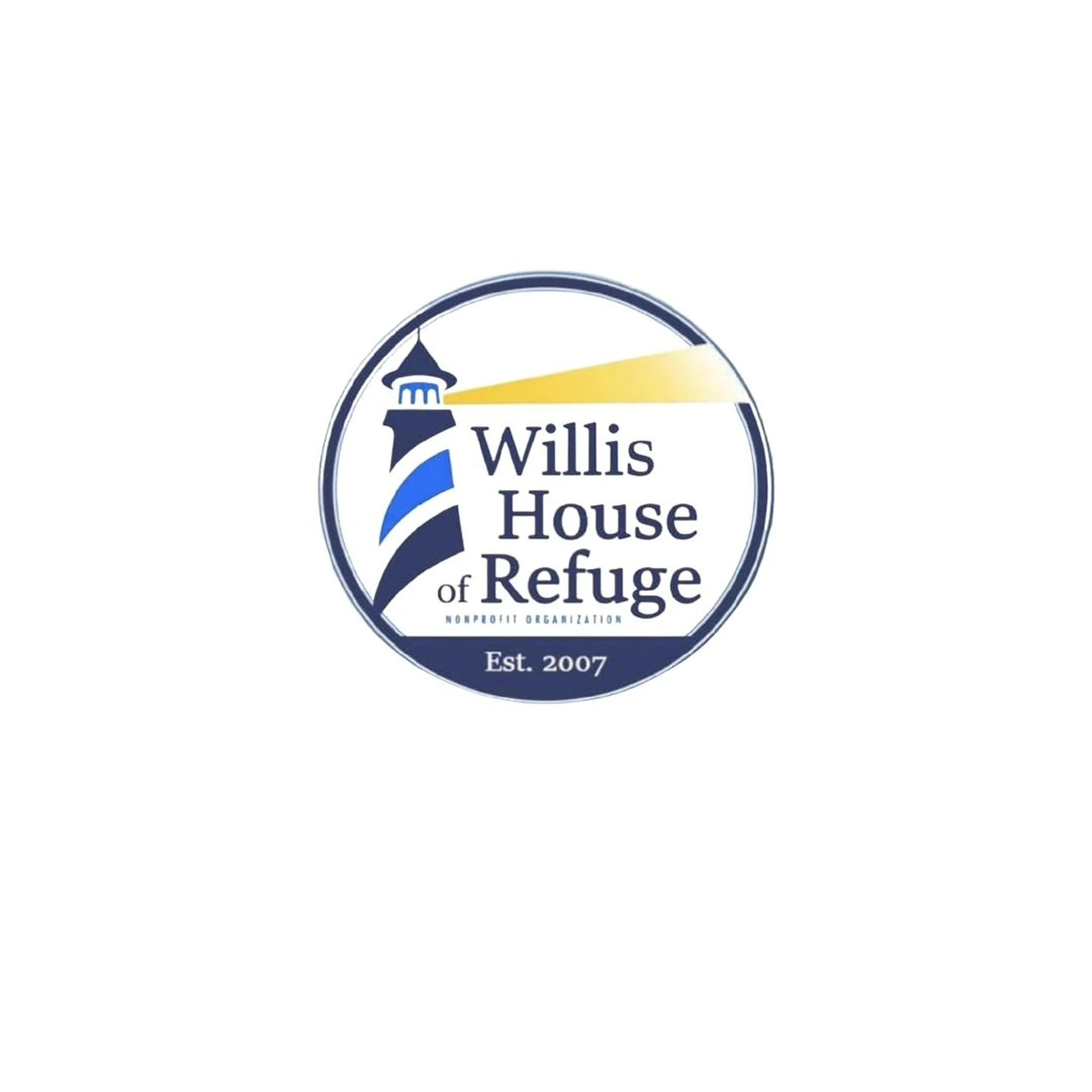 Logo of Willis House of Refuge, a nonprofit organization established in 2007, featuring a lighthouse emitting a yellow beam.