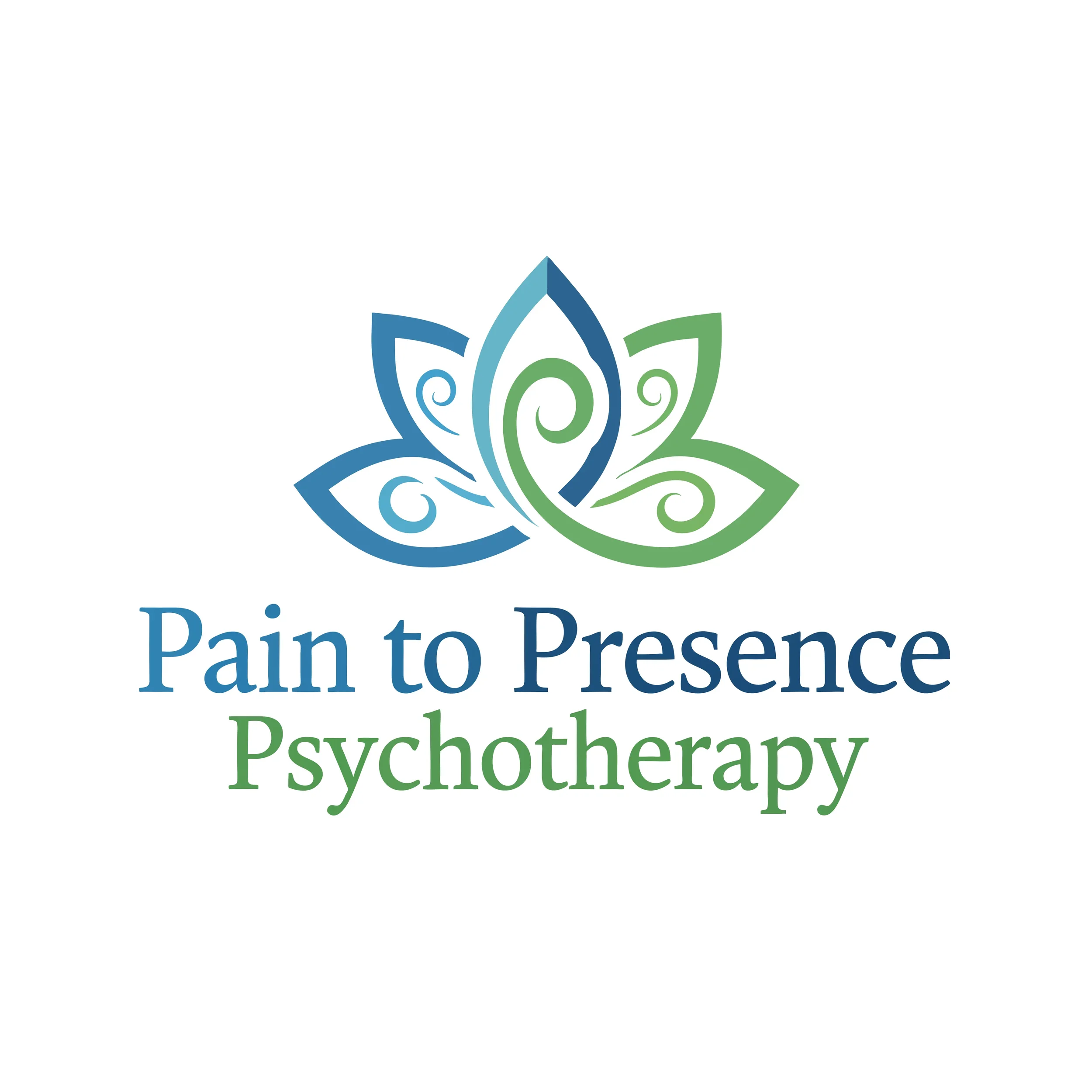 Logo for Pain to Presence Psychotherapy LLC featuring a stylized green and blue lotus flower.