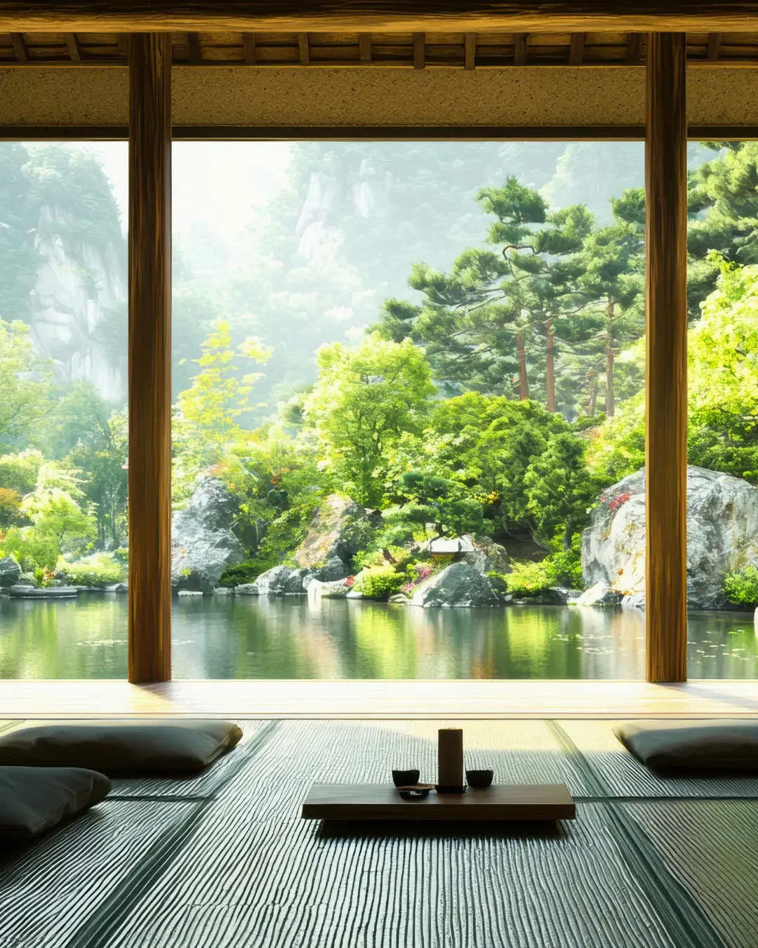 A serene, empty meditation room with a large window overlooking a peaceful pond, rocks, and trees, creating a grounding atmosphere for anxiety and OCD therapy.