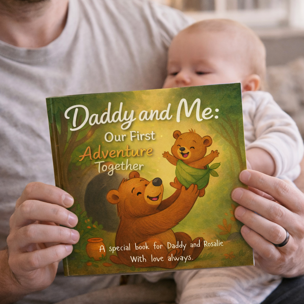 A person holding a children's book titled 'Daddy and Me: Our First Adventure Together' while a baby looks on. The book cover features a happy bear holding a smaller bear outdoors.
