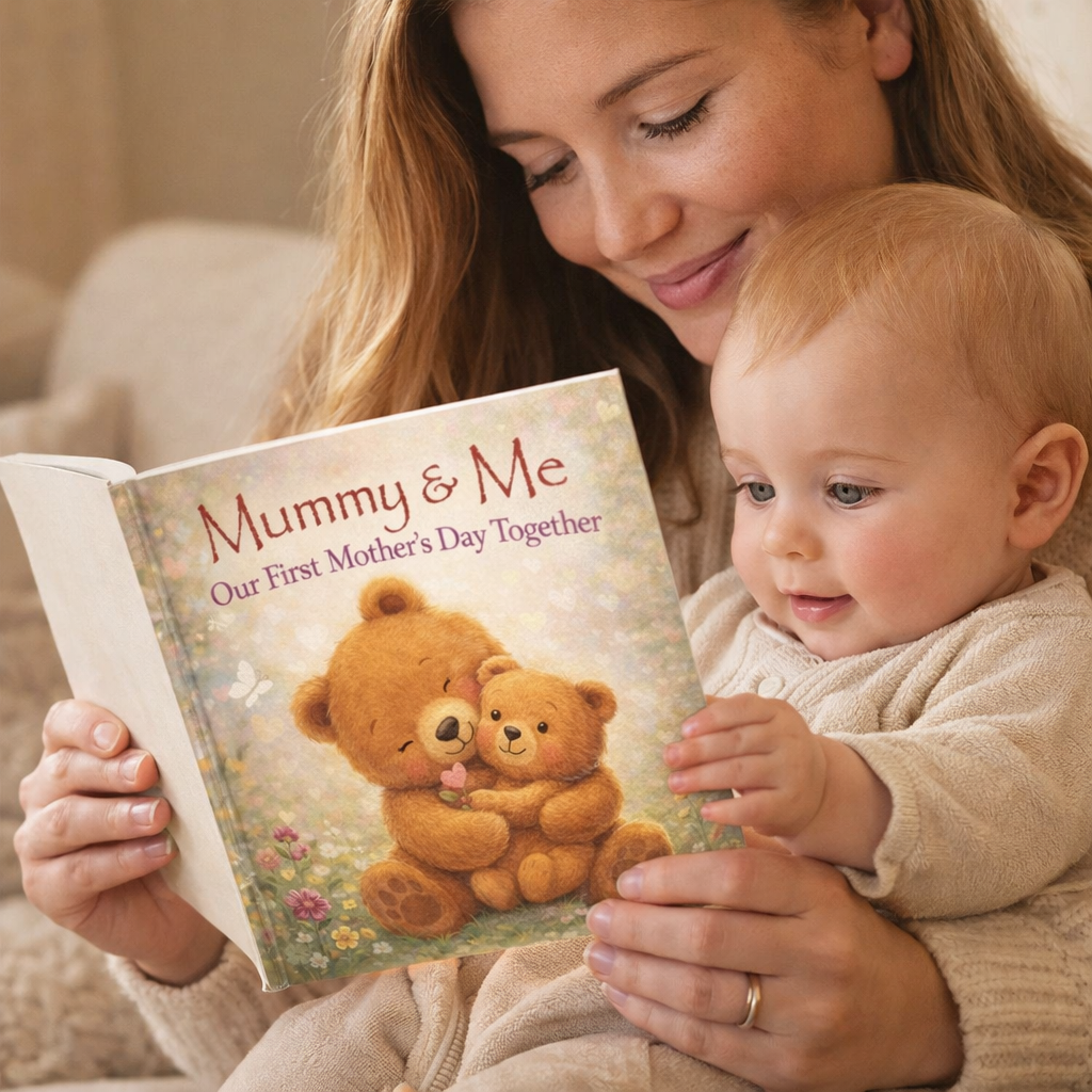 A woman and a young child are sitting together, reading a picture book titled "Mummy & Me: Our First Mother's Day Together." The book cover features an illustration of two cuddly bears hugging, surrounded by flowers and butterflies.