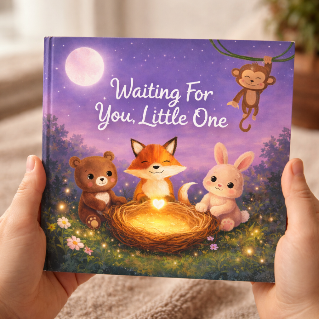A children's book titled 'Waiting For You, Little One,' featuring an illustration of a fox, a bear, and a bunny sitting around a glowing nest with a heart-shaped light, under a moonlit sky with a hanging monkey.