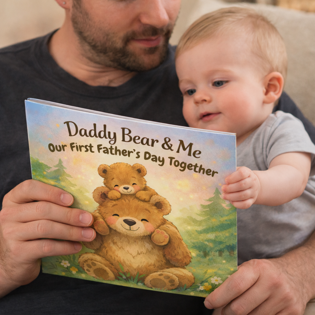 A man and a young child reading a Father's Day card with a teddy bear illustration, titled 'Daddy Bear & Me Our First Father's Day Together'.