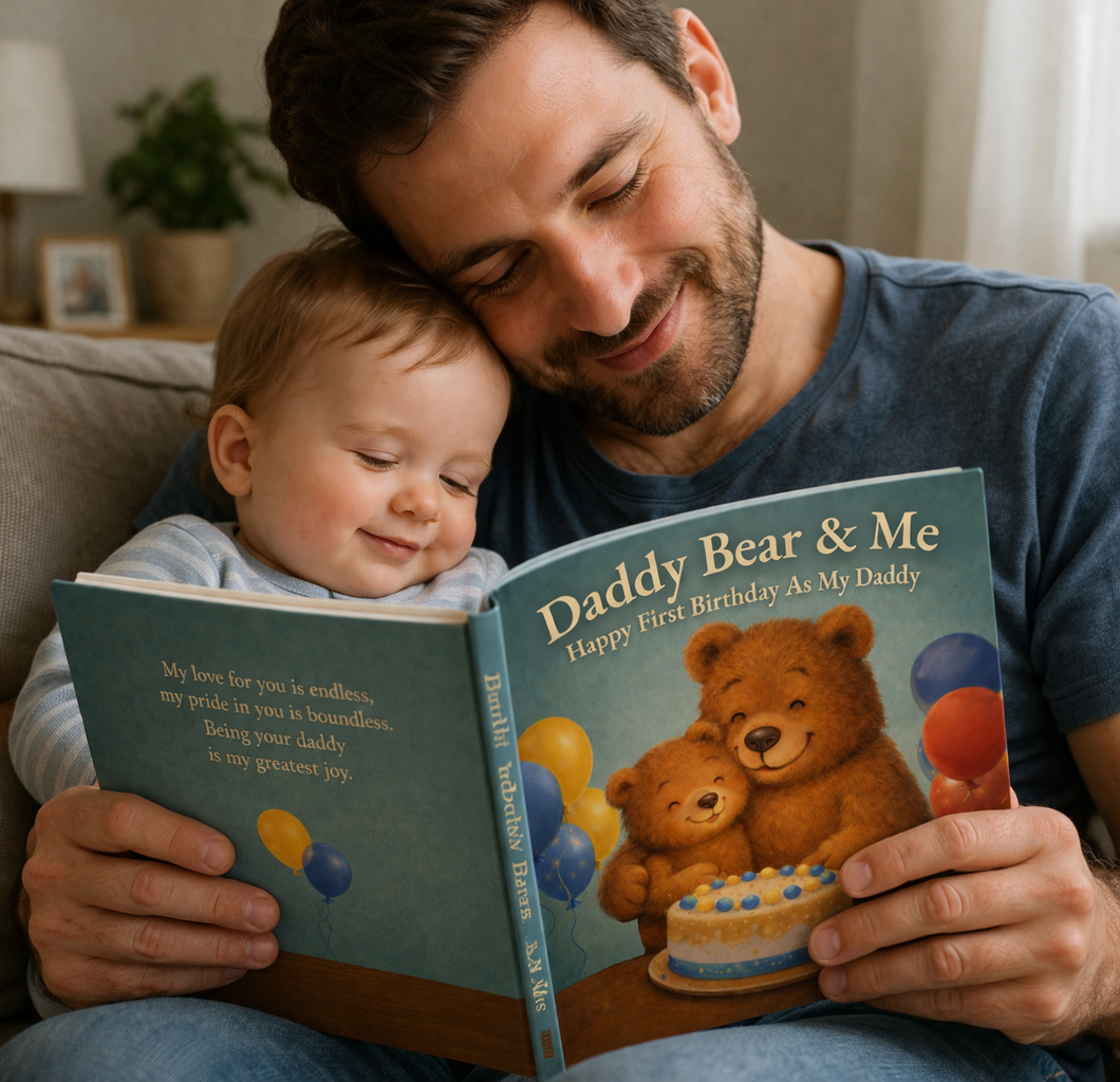 A father and young child sitting on a couch, smiling and reading a birthday book titled 'Daddy Bear & Me: Happy First Birthday As My Daddy' gift
