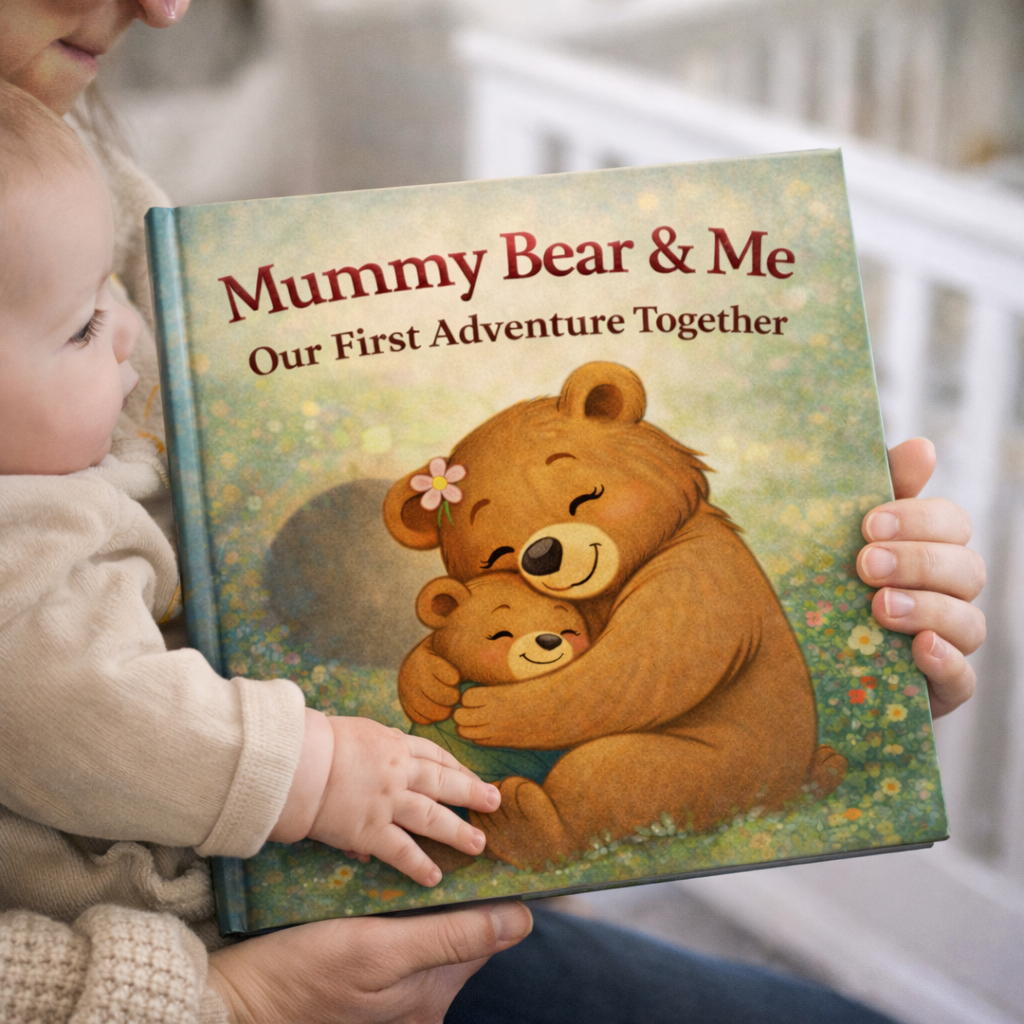 Children reading a children's book titled "Mummy Bear & Me: Our First Adventure Together" featuring an illustration of a mother bear and a cub hugging.
