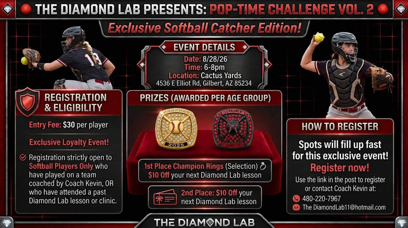 Flye rpromoting the pop time challenge event with diamond softball rings in the middle.