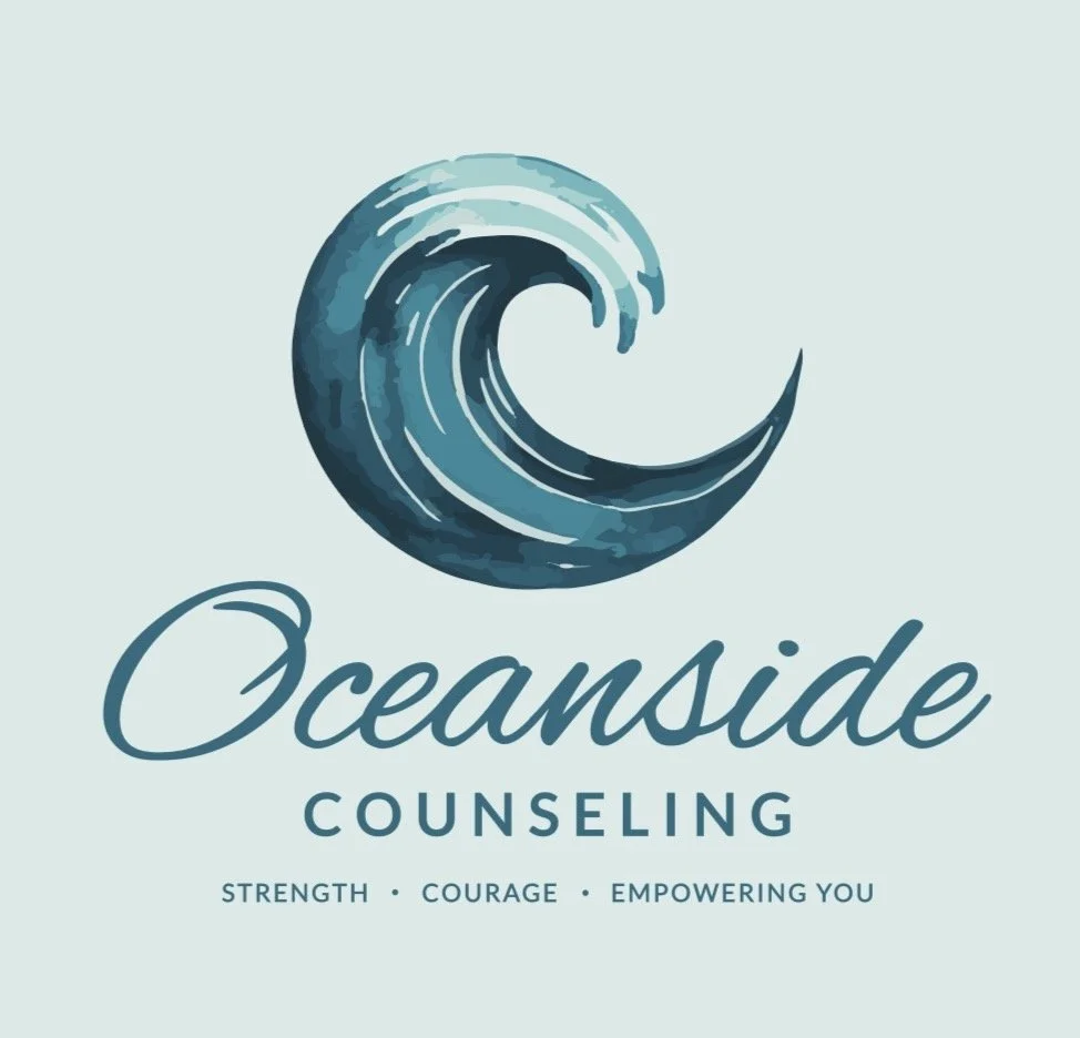 Logo for Oceanside Counseling featuring a stylized ocean wave and the text 'Oceanside Counseling' with the tagline 'Strength, Courage, Empowering You.'