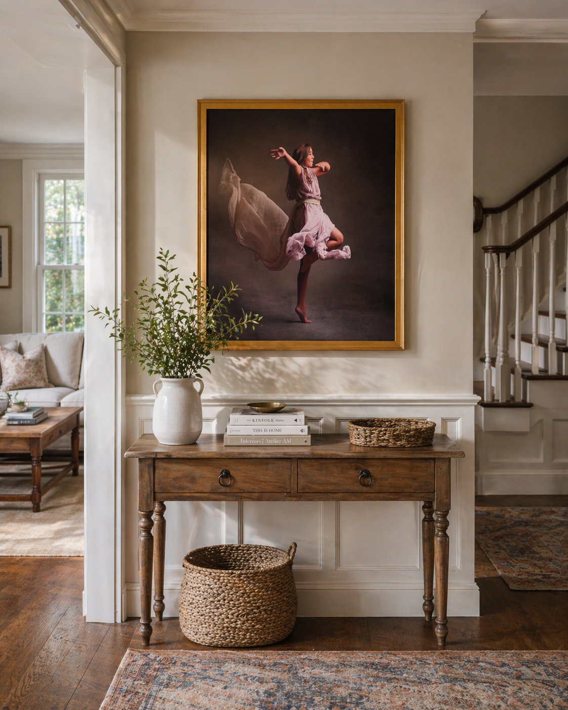 Interior of a home with a wooden console table, white vase with green plant, and a large framed artwork of a woman dancing in a flowing dress on the wall. There is a woven basket underneath the table and a cozy living room with a sofa and window in the background.