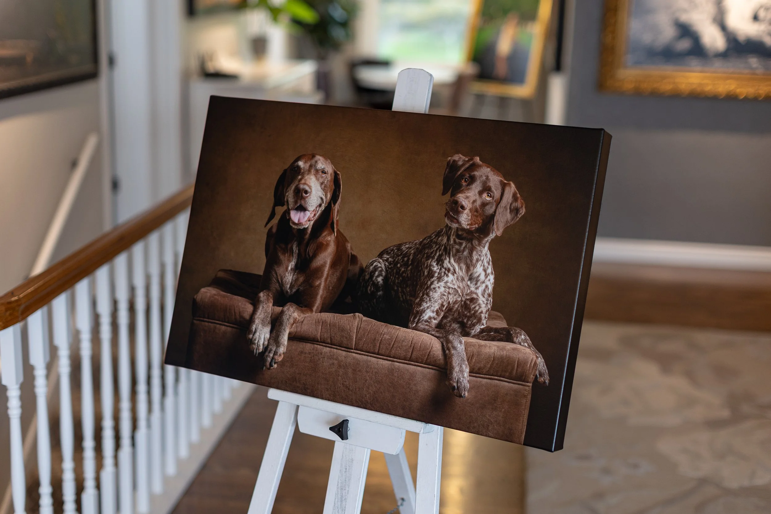 A painting of two brown dogs with white markings, sitting on a brown couch. The painting is displayed on an easel indoors, with a blurred background showing a staircase and framed artwork.
