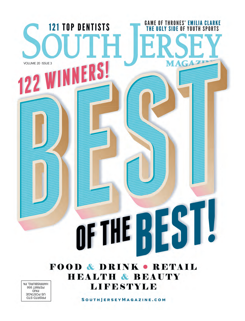 Cover of South Jersey Magazine featuring the headline 'Best of the Rest' with various categories like food, drink, retail, health, beauty, lifestyle, and noting 122 winners.
