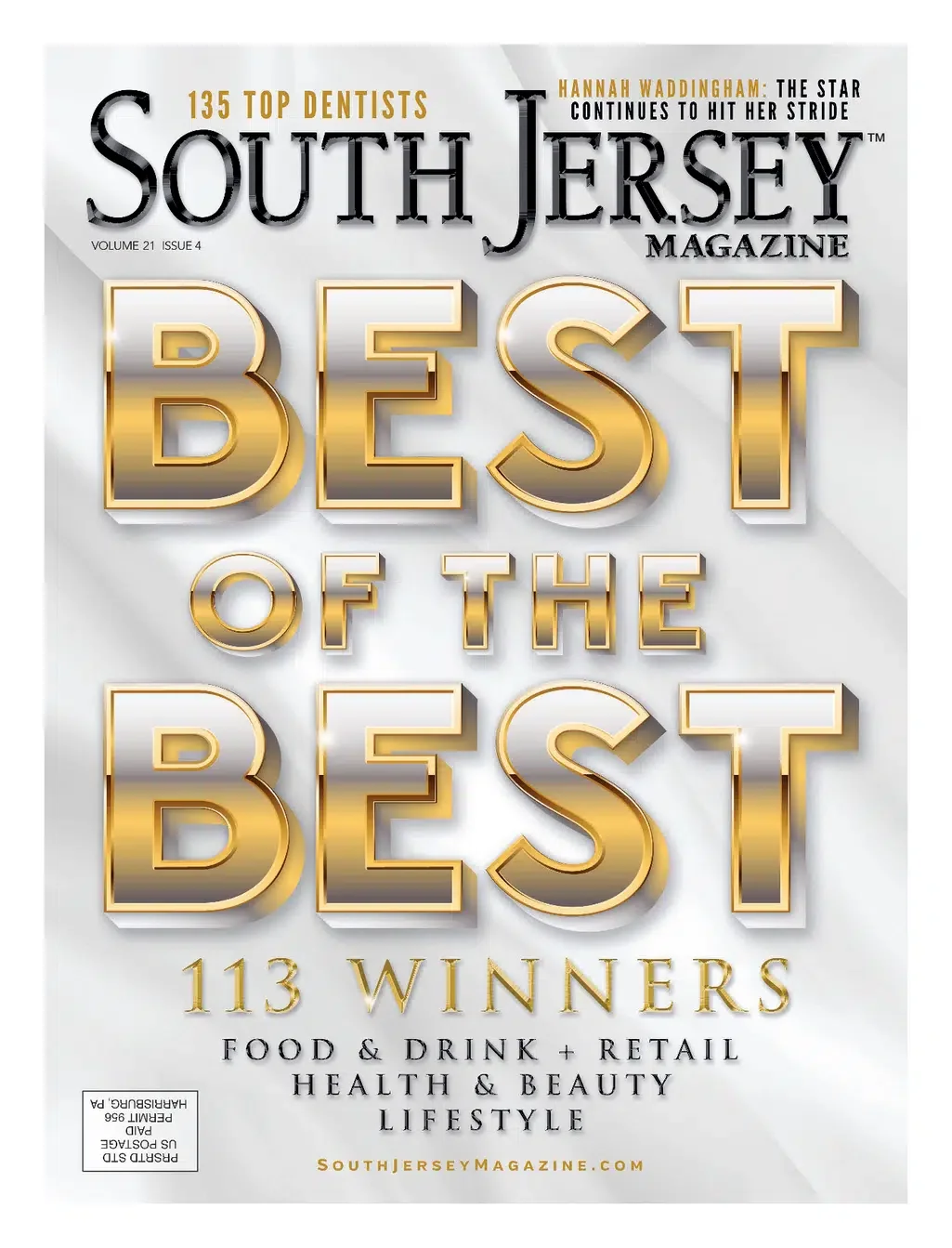 Cover of South Jersey Magazine featuring the headline 'Best of the Best' with gold and silver lettering, highlighting winners in food, drink, retail, health, beauty, and lifestyle.