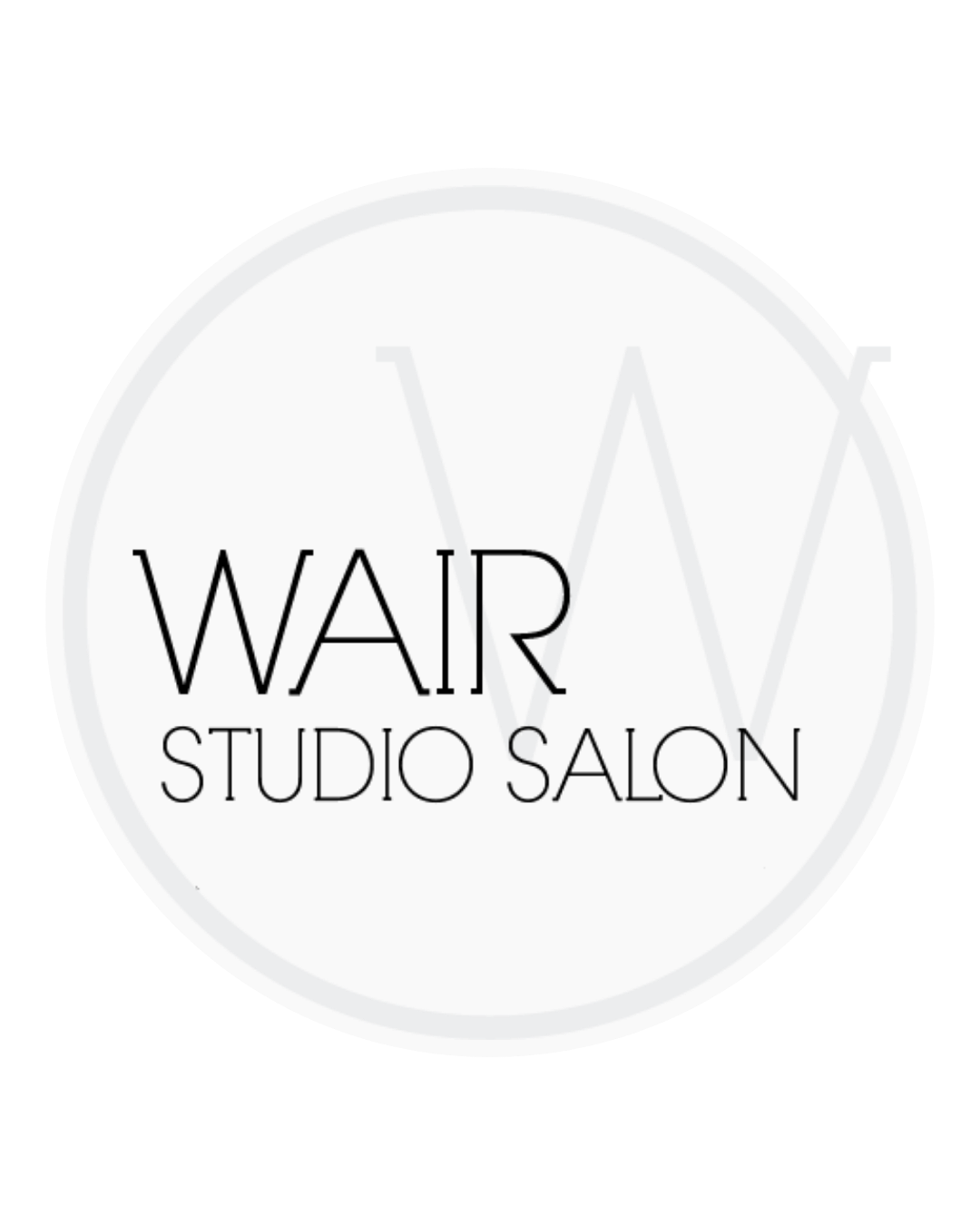 Gray circular logo for Wair Studio Salon with stylized "W" in the background.