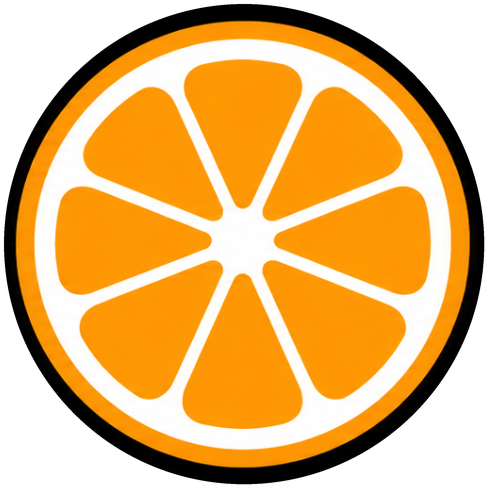 Graphic of an orange slice with segments on a black background.