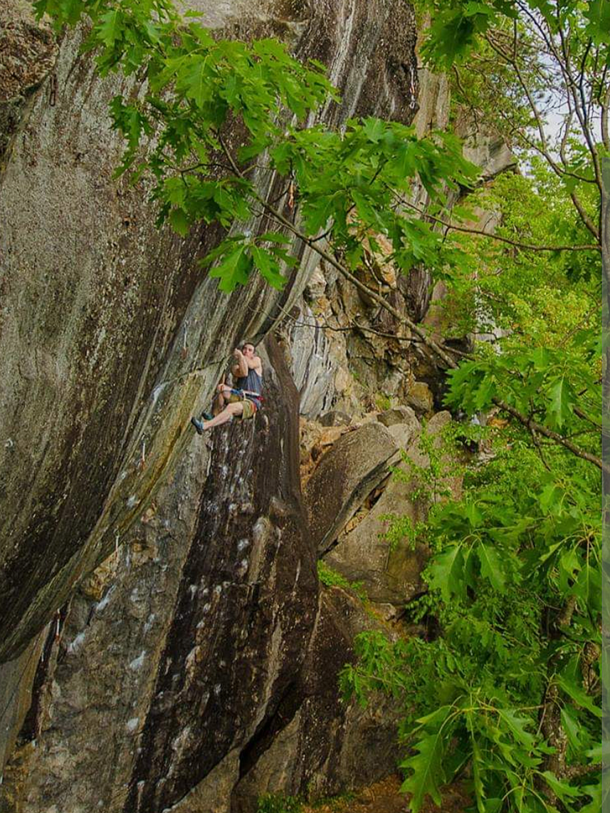 A person climbing a steep rock face outdoors surrounded by green foliage.
