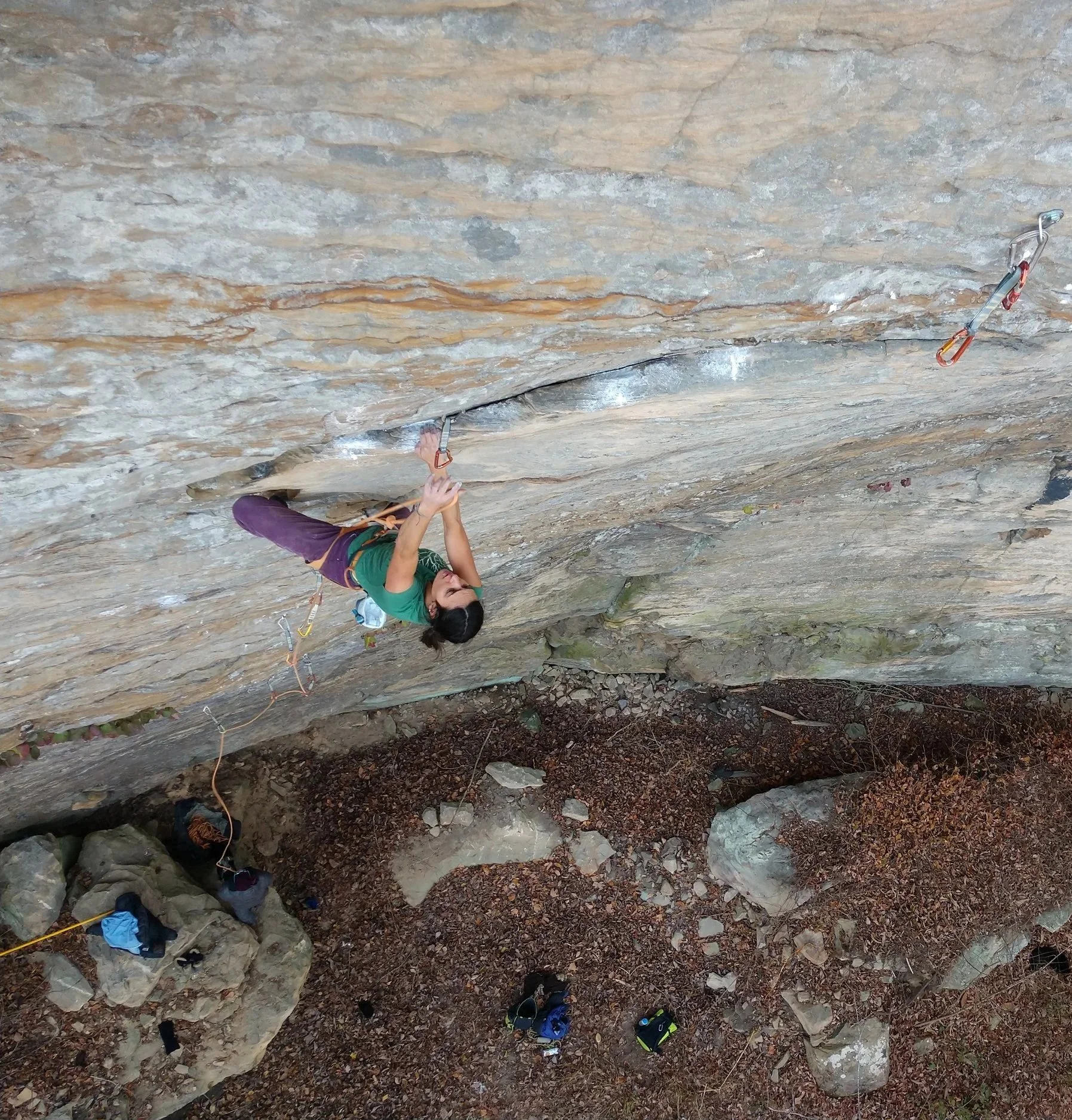 A woman rock climbing on a vertical outdoor cliff, using climbing gear and safety ropes.