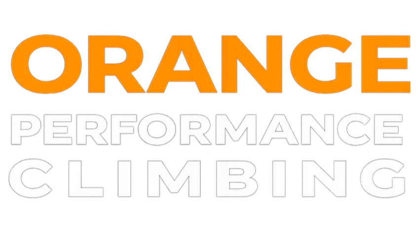 Text reads 'ORANGE PERFORMANCE CLIMBING' with 'ORANGE' in orange and the rest in white on a black background.