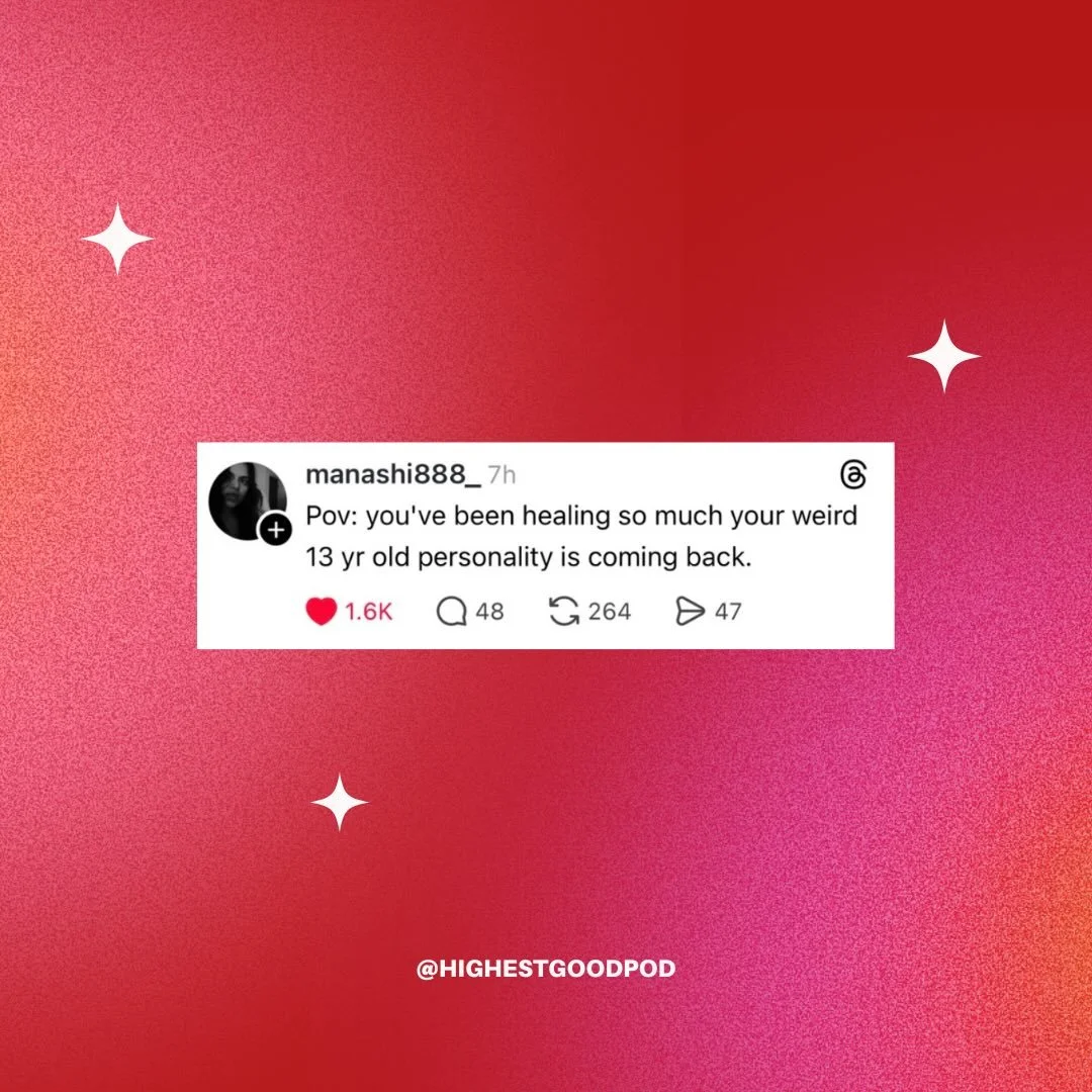 Healing looks like returning to yourself 💫

The weird.
The imaginative.
The dramatic.
The wildly authentic. 

The one who dreamed big before the world told her to be realistic. Here&rsquo;s your sign to let her back in. 

@highestgoodpod