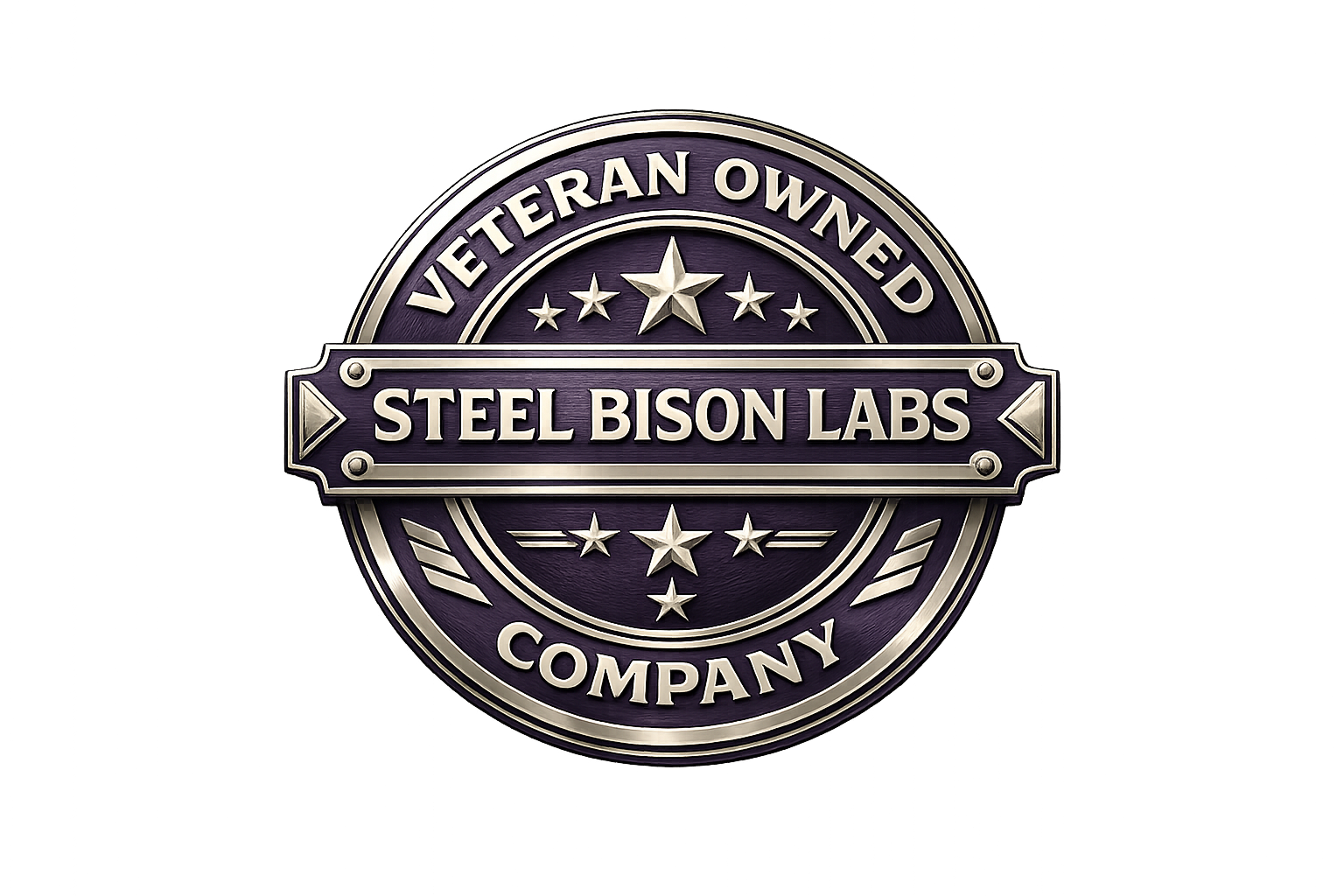 A circular emblem with the text 'Veteran Owned' at the top, 'Steel Bison Labs' in the center, and 'Company' at the bottom, featuring stars and decorative elements in silver and purple tones.