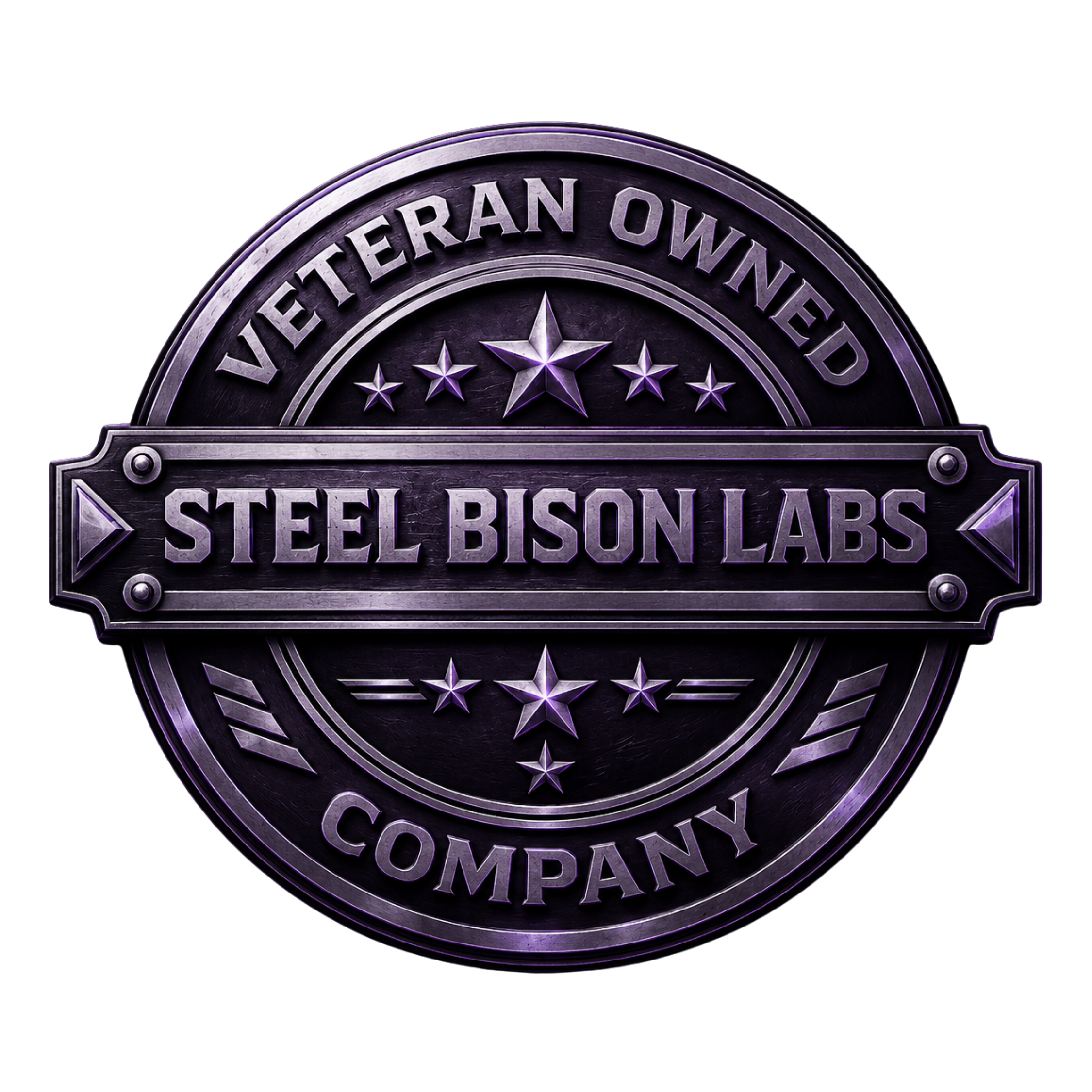Close-up of a metallic emblem with the words 'Veteran Owned' and 'Steel Bison Labs' along with stars and decorative borders, against a black background.