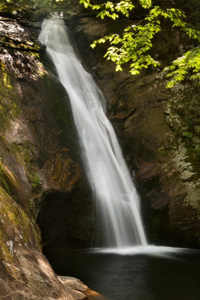A waterfall cascading down a rocky cliff into a pool surrounded by greenery.