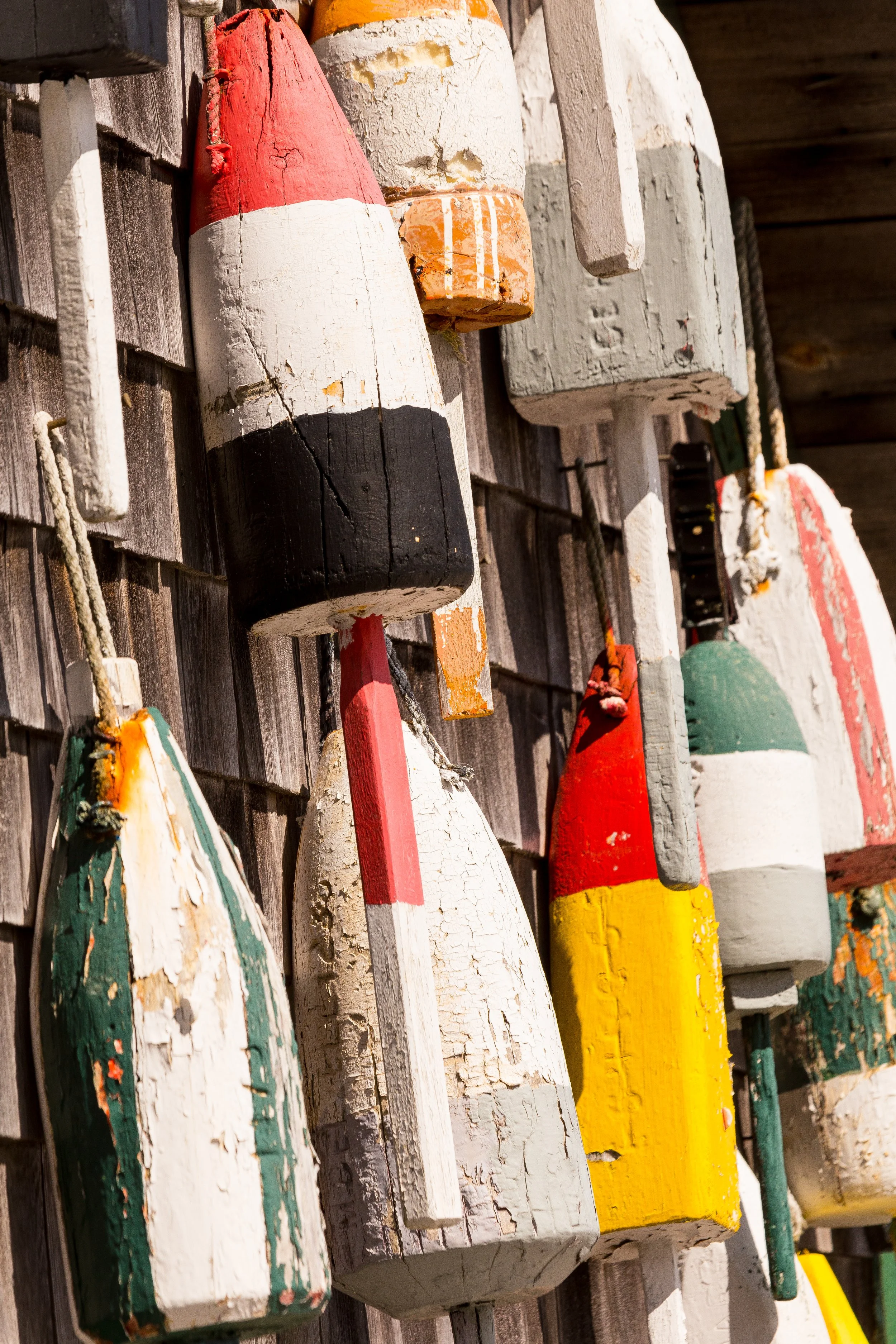 A variety of colorful, weathered wooden buoys hanging on a wooden wall, often used for fishing.