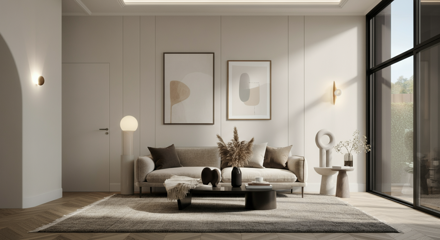 Modern living room with beige sofa, black coffee table, abstract art on the wall, and large floor-to-ceiling windows showing outdoor greenery.