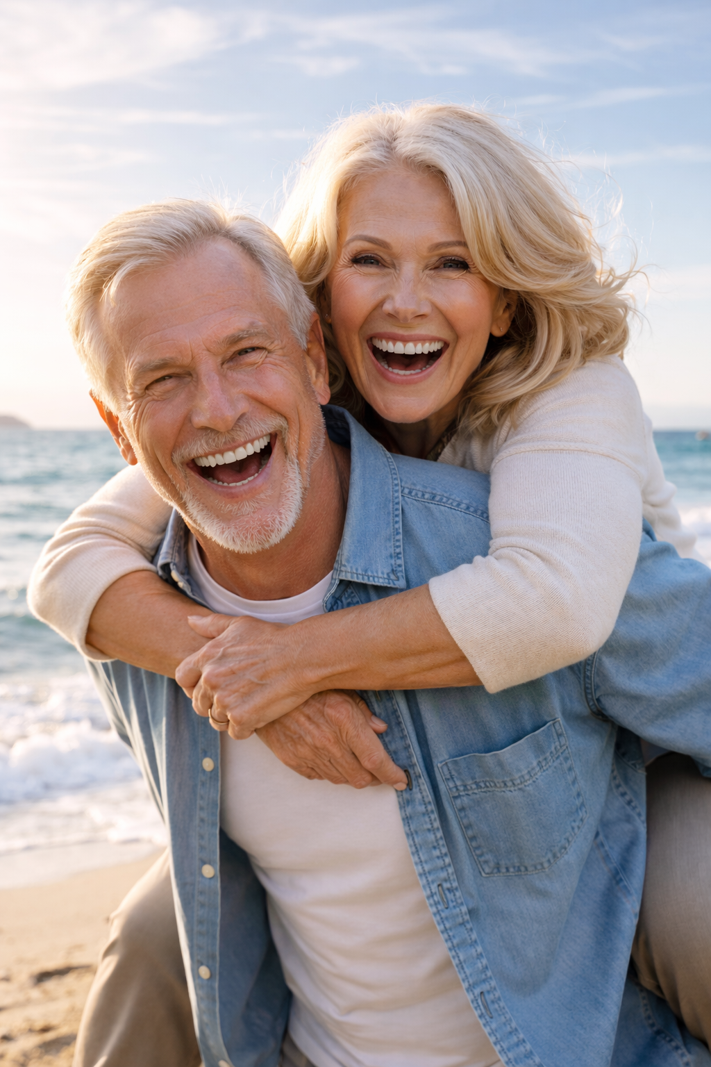 An elderly couple smiling and laughing on the beach with the ocean and sky in the background, the woman is giving the man a piggyback ride.