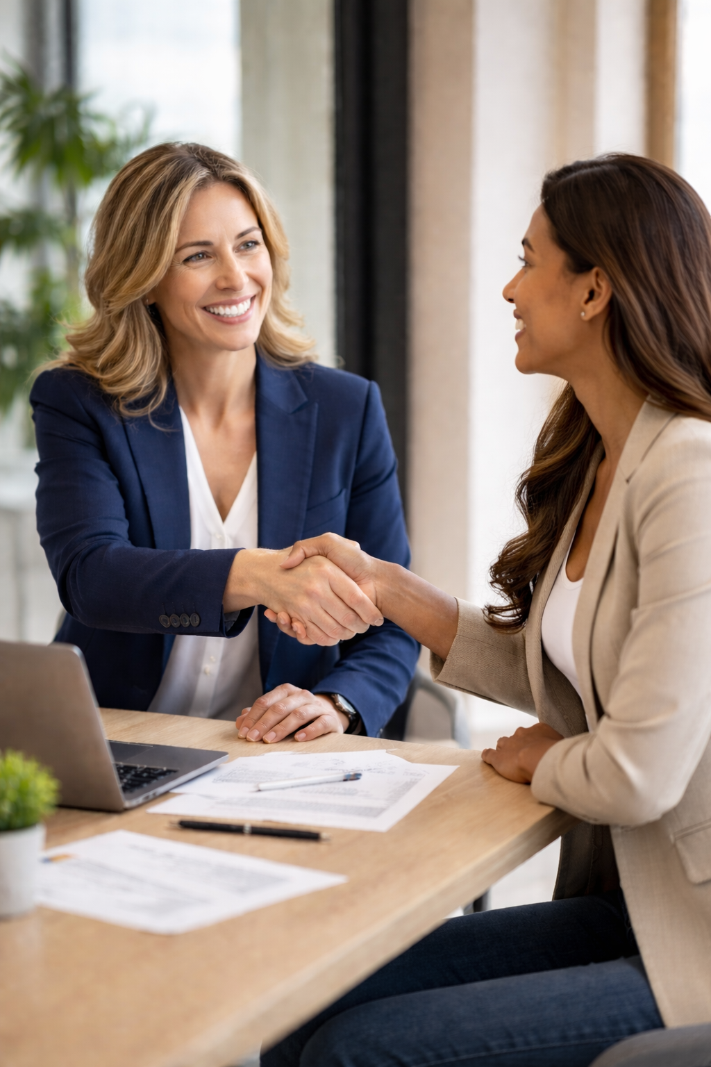 Two women in business attire shaking hands at a desk in an office, smiling.