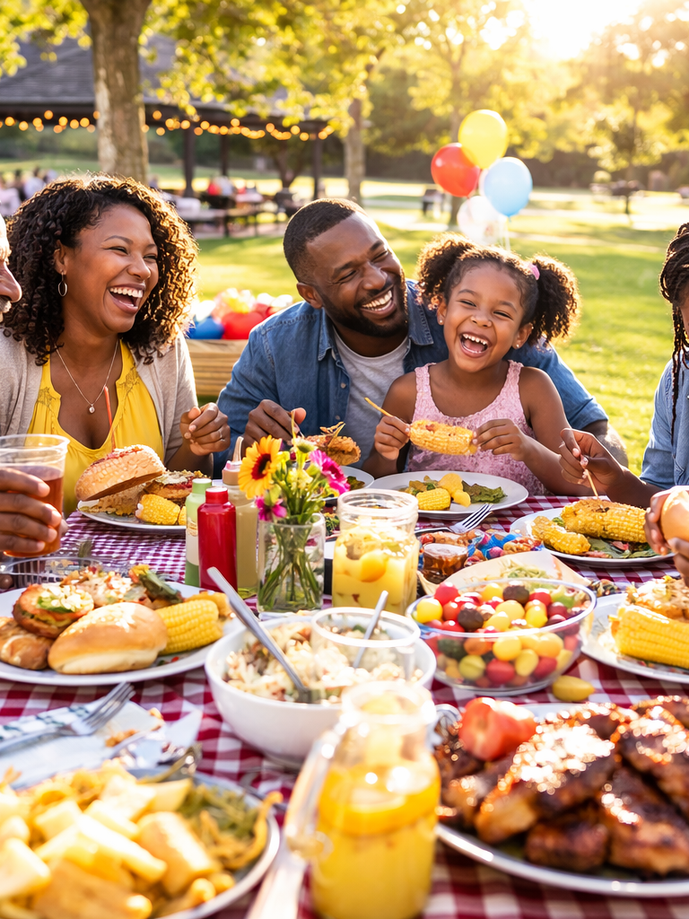 Family and friends enjoying an outdoor picnic with food, drinks, and colorful balloons under trees during a sunny day.