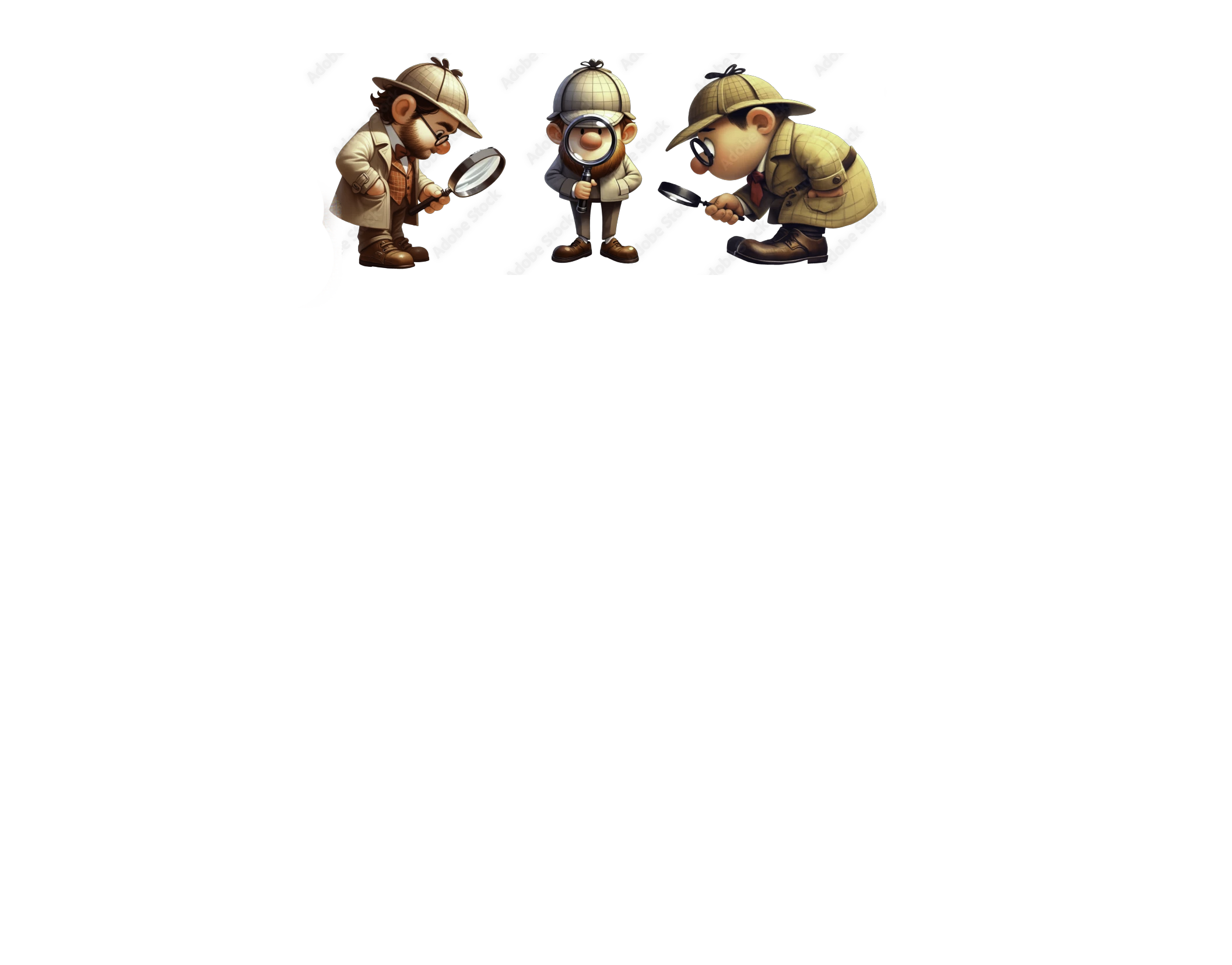 Cartoon detectives examining clues with magnifying glasses