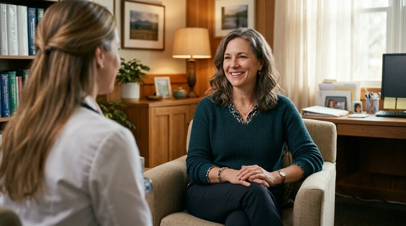 Woman in her late 40s in a calm consultation room — personalized midlife women's health and menopause care at Concierge Medicine of Chapel Hill