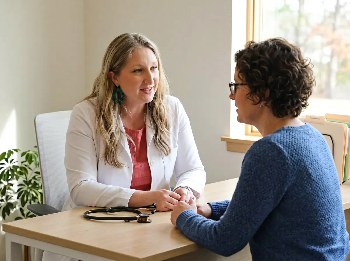 Dr. Claire Repine in an unhurried consultation at Concierge Medicine of Chapel Hill — personalized primary care with time to listen