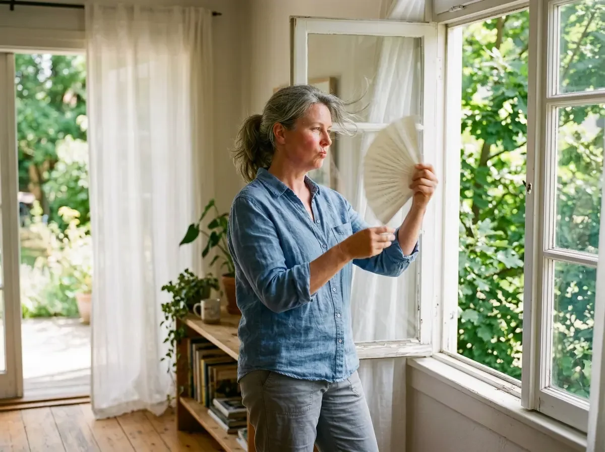 Woman experiencing a hot flash near an open window in summer — perimenopause symptom care at Concierge Medicine of Chapel Hill