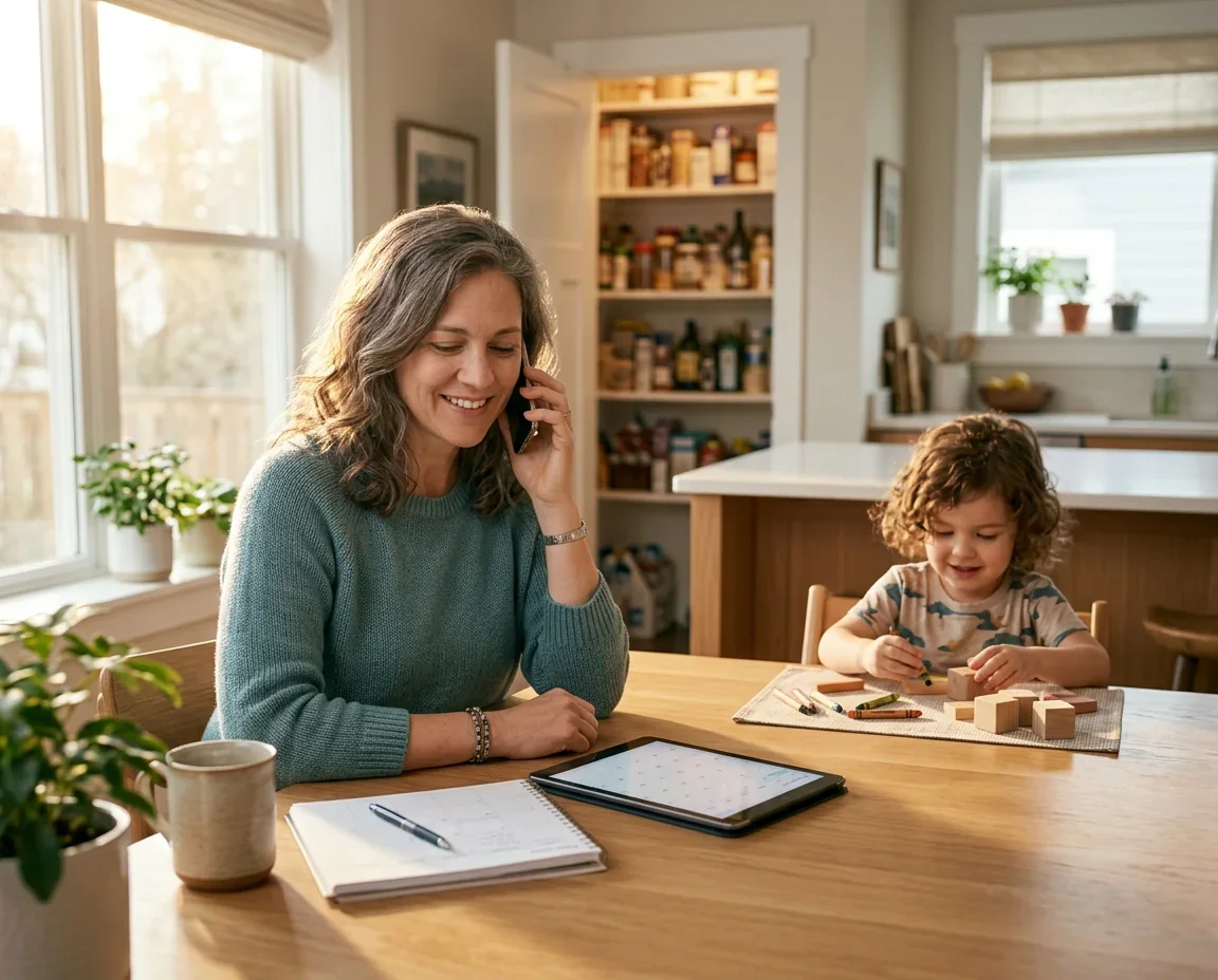 Woman at a bright kitchen table with a child nearby, calm and composed — concierge family primary care at Concierge Medicine of Chapel Hill