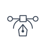 Icon of a fountain pen nib with a water droplet, connected to a flowchart or network diagram.