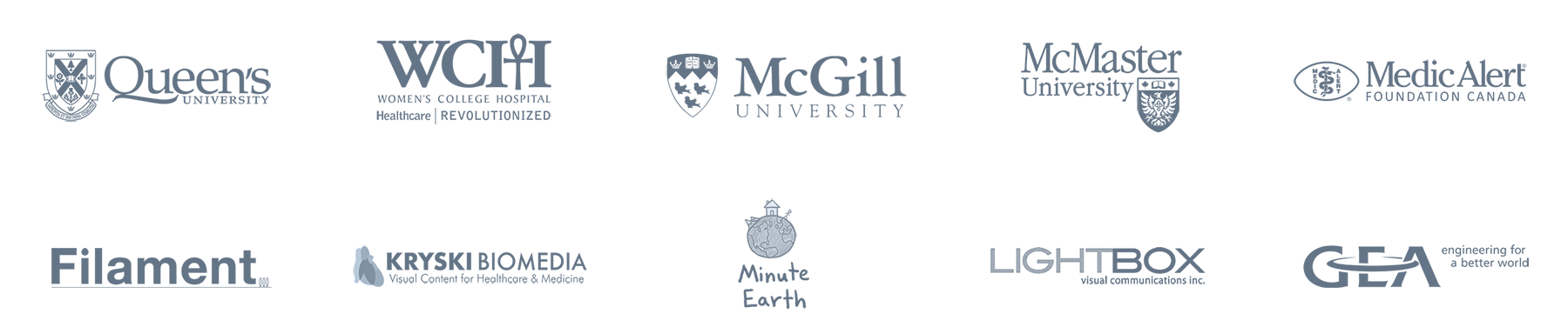 A collection of logos from various educational, healthcare, media, and technology companies and organizations, including Queens University, WCHI Women's College Hospital, McGill University, McMaster University, Medic Alert Foundation Canada, Filament, KRYSKI BIOMEDIA, Minute Earth, LIGHTBOX Visual Communications Inc., and GEA Engineering.