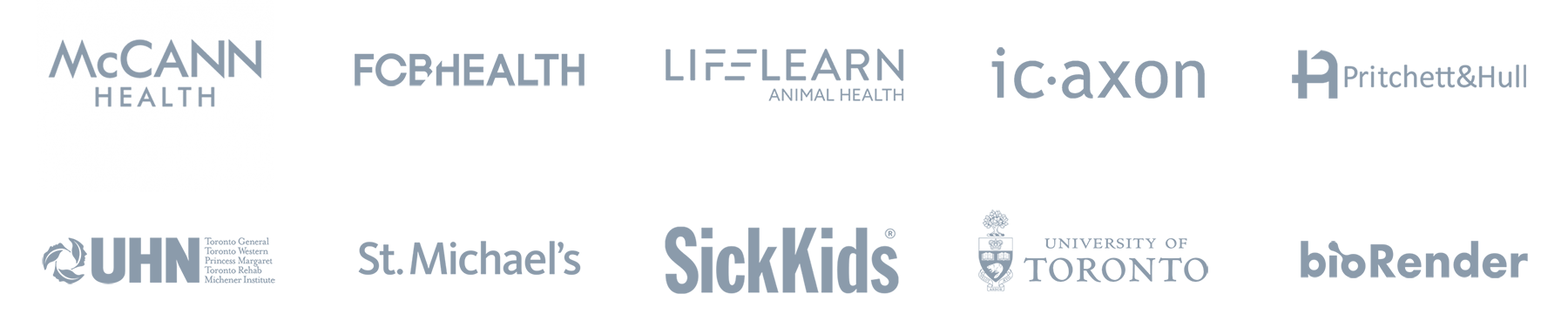 Collection of logos from various health and educational organizations, including McCann Health, FCB Health, LifeLearn Animal Health, i:axon, Pritchett & Hull, UHN, St. Michael's, SickKids, University of Toronto, and bioRender.