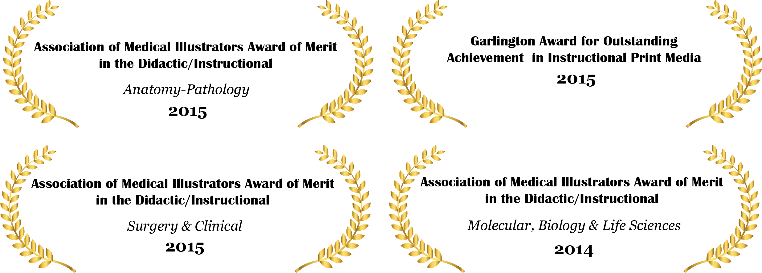 Multiple gold laurels arranged symmetrically on a black background.