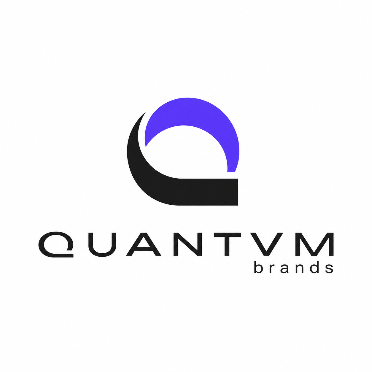 Logotipo de la marca QUANTVM, que incluye un diseño abstracto en forma de círculo con colores negro y azul, y el texto 'QUANTVM brands'
